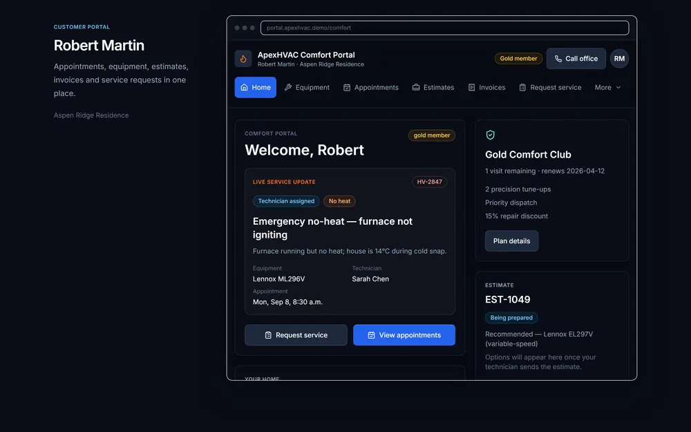 Illustrative customer service portal for appointments and estimates — fictional demonstration data