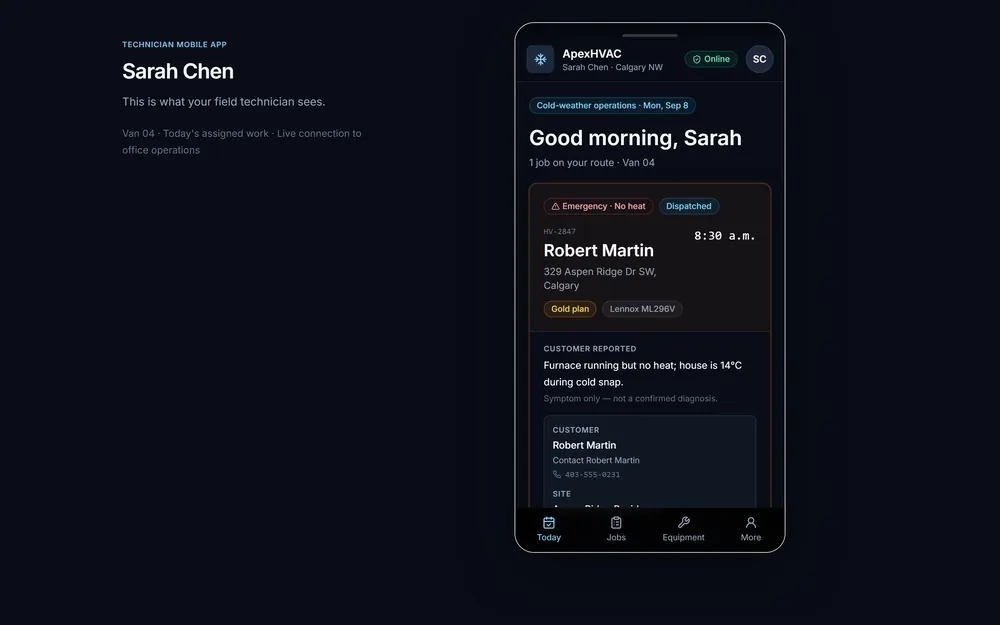 Illustrative technician mobile field view with job context and route details — fictional demonstration data