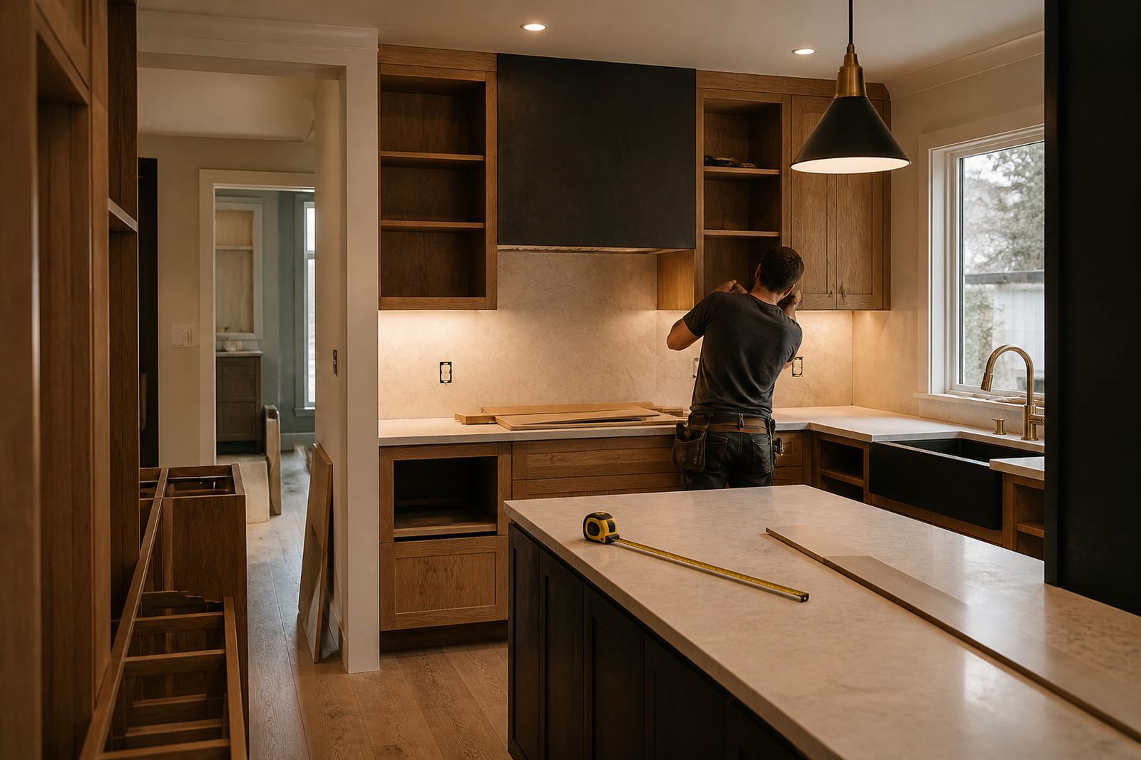 Fictional Northline Renovations kitchen renovation in Ottawa — contractor fitting cabinetry and stone work.